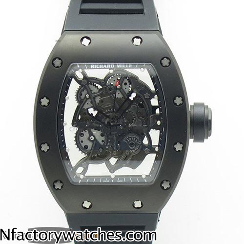 理查德·米勒Richard Mille RM 055 PVD 316L不鏽鋼 藍寶石水晶玻璃 骷髅錶盤 黑色紅色膠帶-rhid-118130