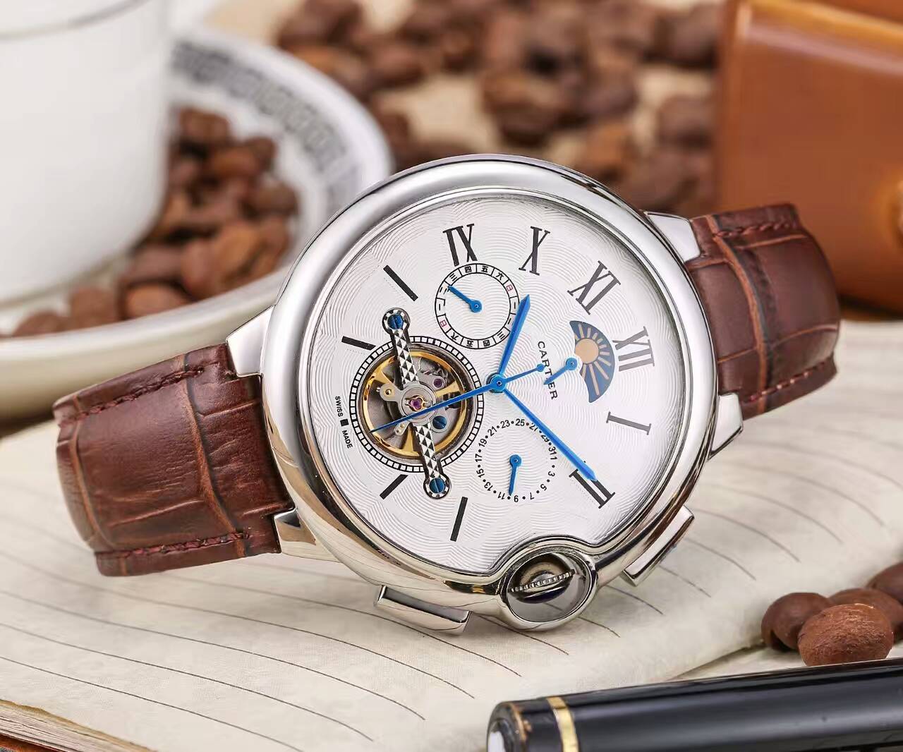 卡地亞 精品男士經典設計腕錶 真牛皮錶帶-rhid-116813